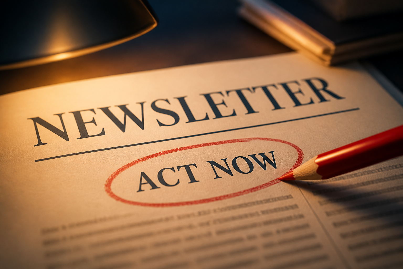 A printed newsletter with ACT NOW circled in red pencil