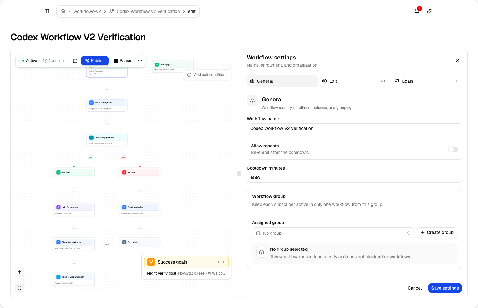 Lumail visual workflow editor showing branches, waits, goals, and workflow settings